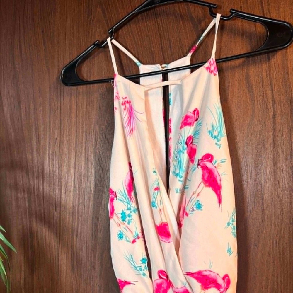 Everly Flamingo Print Halter Romper Cream Pink Tropical Size Small - Picture 6 of 8